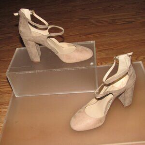 BCBGeneration Taupe Suede Block Heel Pumps Double Ankle Strap Mary Jane Size 8.5